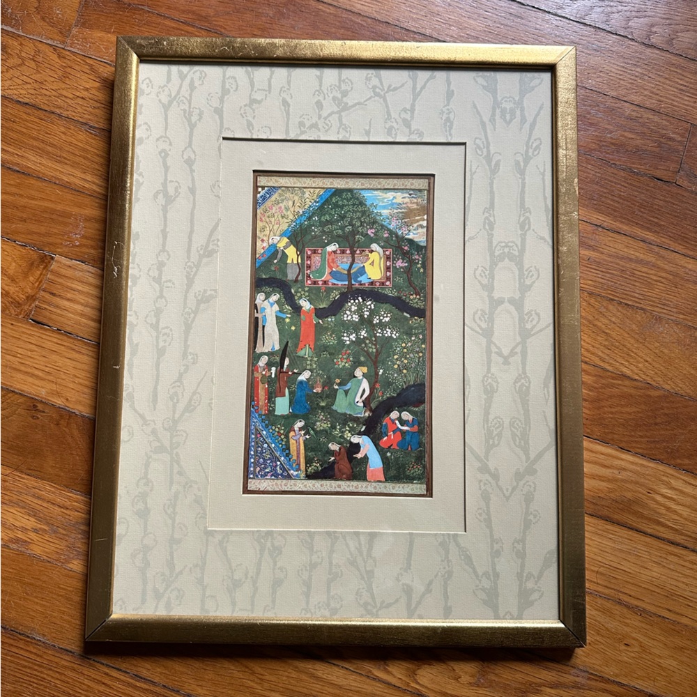 Persian painting Garden Of Husayn Bayqara Bihzad Framed gold leaf horseback 70s